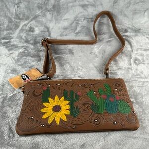 Justin Tooled Leather Crossbody / Clutch Catus Motif Removable Strap NWT Western